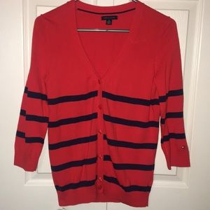 Red and navy striped cardigan.